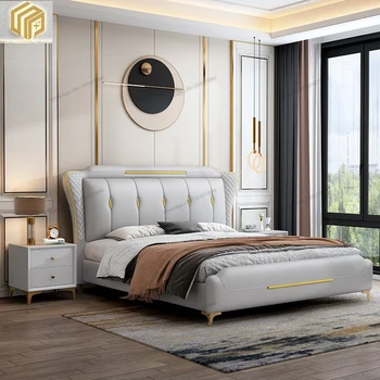 1,8-метровая двуспальная кровать, 1,5-метровая кожаная художественная кровать, спальня, современная и простая европейская мягкая кровать, легкая роскошная свадебная кровать