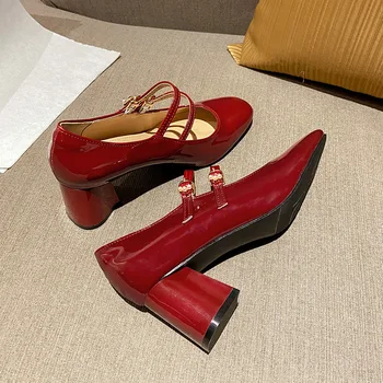 2023 Демисезонный Для Женщин Двойная Пряжка Мэри Джейнс Обувь Лакированная Кожа Модельные Туфли На Высоком Каблуке Туфли-лодочки Ретро Женская Обувь Черный, Красный