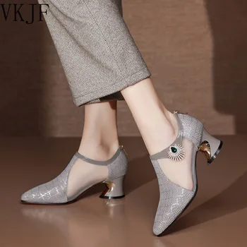 2023 Женская модная обувь из милой сетки, дышащая весенне-летняя женская обувь на квадратном каблуке, женские милые черные туфли-лодочки