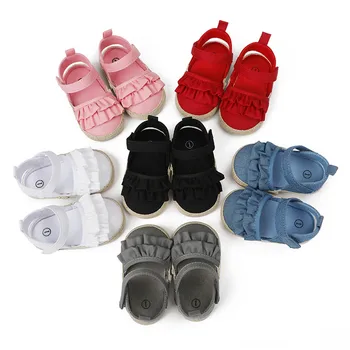 2023 Новая летняя детская обувь для новорожденных девочек На мягкой подошве, детская кроватка для малышей, противоскользящие однотонные первые ходунки с оборками