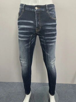 2023 Новая модная мужская выстиранная и изношенная заплатка с дырками Paint Speckler Double Leather Бренд Small Feet Синие джинсы для мужчин