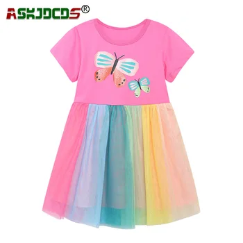 2023 Новинка Лета Детская одежда Платье Для маленьких девочек с коротким рукавом в стиле пэчворк с принтом Бабочки Радужные сетчатые платья