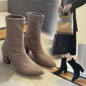 2023, Осенне-зимние женские короткие сапоги из замши с острым носком, короткие сапоги на толстом каблуке, ботинки на молнии сзади, детские