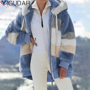 2023 Плюшевое пальто Теплое С карманом на молнии Лоскутное меховое пальто Плюшевый кардиган с капюшоном на молнии Свободная куртка Пальто женская одежда