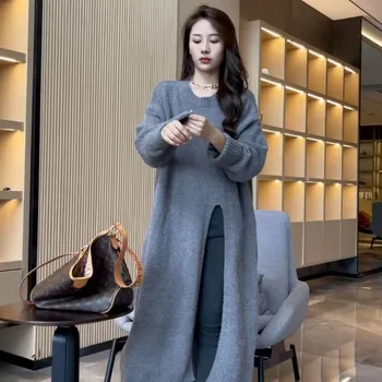 2023 Повседневный дизайн, Длинное вязаное женское платье, Осенний раздельный пуловер, платья-свитера длиной до колен, платья макси МИДИ в корейском стиле