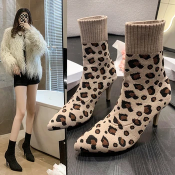 2023 Популярная женская обувь большого размера, толстые ноги, заостренный тонкий каблук, эластичные носки с леопардовым узором, женские весенне-осенние ботинки S