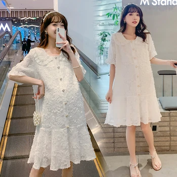 3959 # Летнее Корейское модное платье для беременных, расшитое бисером, с рюшами, Трапециевидная Свободная одежда для беременных, милая одежда для беременных