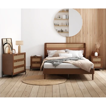 4 предмета, современная платформа из ротанга Cannage, двуспальная кровать + тумбочка * 2 + комод, привлекательный внешний вид, удобный для спальни