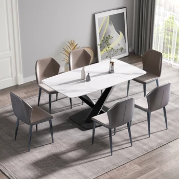 63; Современный обеденный стол из искусственного камня с белой изогнутой черной металлической ножкой на 6 персон, Мебель для дома, гостиная и столовая