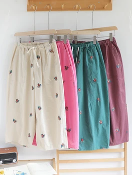 68-94 см Эластичный пояс / Весенне-летние женские свободные брюки с цветочной вышивкой Sweet Mori Kei Girl, удобные хлопчатобумажные брюки/мотобрюки