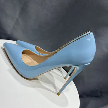 biru muda paten wanita seksi ujung runcing sepatu hak tinggi warna Solid wanita Slip On gaun sepatu pesta ukuran besar 33-46