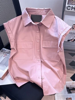 [EWQ] Женская рубашка без рукавов большого размера, Свободная Однобортная блузка в стиле пэчворк с карманом, Летняя Новинка 2023 года, Модный топ Tide U1071