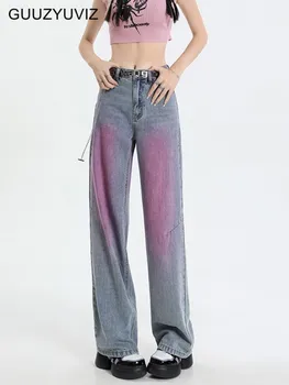 GUUZYUVIZ Летняя вода для мытья с граффити Винтажные фиолетовые джинсы Женские широкие брюки в пол из денима