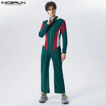 INCERUN 2023 Мужские комбинезоны в стиле пэчворк с V-образным вырезом и длинным рукавом, осенние модные повседневные комбинезоны, мужская уличная одежда на молнии, мужские комбинезоны S-5XL
