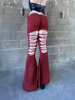 InsDoit Готические брюки-клеш с вырезами на шнурках, женские узкие брюки, уличная одежда, панк-харадзюку, Летние брюки-карандаш с высокой талией.