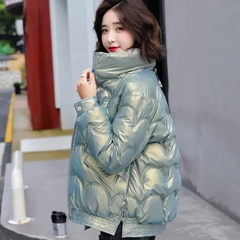 jaqueta casaco femininas jaqueta puffer feminina metalizada com capuz curta plus size roupas de inverno De Algodão Slim jaquetas