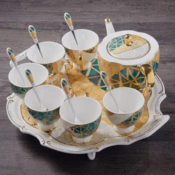Luxo osso china conjunto de café ouro inlay porcelana conjunto chá pote copo cerâmica caneca açúcar tigela leite creme coffee