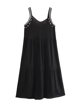 TRAF 2023 летнее новое женское расшитое бисером платье с кисточками, свободное черное платье на подтяжках без рукавов с V-образным вырезом