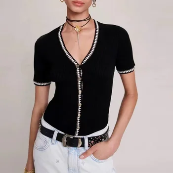 VII Летние Новинки бренда M, черный вязаный кардиган с V-образным вырезом, топ с коротким рукавом для женщин, корейская мода, винтаж, бесплатная доставка