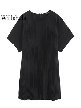 Willshela Женское модное черное плиссированное мини-платье на молнии сзади, винтажные женские платья с круглым вырезом и короткими рукавами