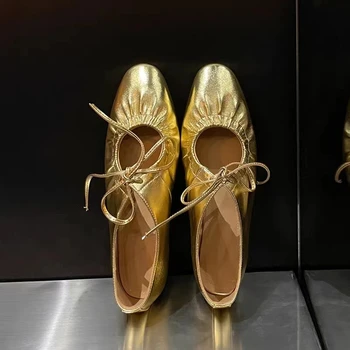 Балетки, женская кожаная обувь, женские узкополосные серебристые балетки, Блестящие золотые туфли с круглым носком, Весенняя обувь 2023 года
