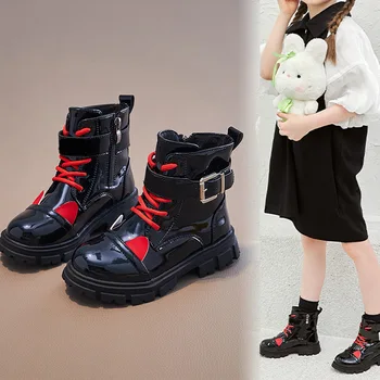 Ботинки для девочек Осень /зима 2023, Новые Студенческие кроссовки, детские ботильоны с пряжкой в британском стиле, Красно-Розовые ботинки принцессы для верховой езды.