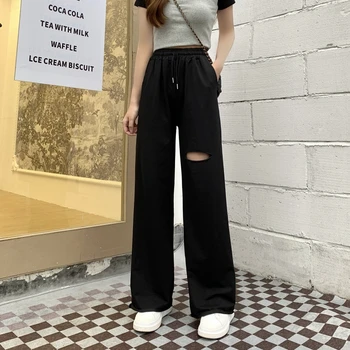 Брюки Y2k Женская Корейская мода Уличная одежда Брюки Harajuku Женские Мешковатые Широкие брюки с отверстиями, Черная одежда с высокой талией