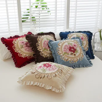 В скандинавском стиле, с оборками по краям, 48x48 см, Винтажные цветы с вышивкой, Жаккардовые декоративные подушки, Домашняя кровать, диван, наволочка