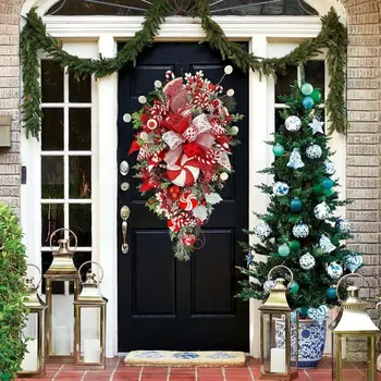 Венок из конфет и красных ягод для дверей, декор стен, рождественские украшения, венок из искусственных сосновых шишек, рождественское украшение для елки