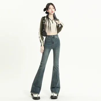 Винтажные джинсы-клеш с высокой талией, женские модные уличные узкие джинсовые брюки, повседневные женские стрейчевые длинные расклешенные джинсовые брюки