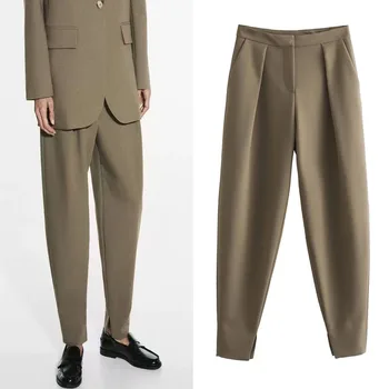 Винтажные комплекты брюк TRAF с высокой талией для женщин 2023, коричневые брюки, женские мешковатые брюки с карманами спереди, осенняя повседневная новая уличная одежда