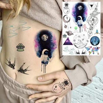 Временные татуировки Астронавта Планета Луна Для женщин Взрослый Цветок Лев Сова Поддельная татуировка 3D Реалистичное украшение для боди-арта Бумага для татуировки