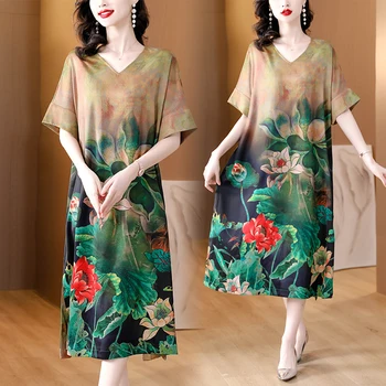 Высококачественные вечерние платья с рисунком китайского лотоса для женщин 2023, летнее женское элегантное свободное платье миди с V-образным вырезом и коротким рукавом