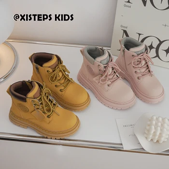 Высококачественные детские ботильоны в стиле ретро, желтые, розовые, с высоким берцем, Кожаные ботинки для малышей от 2 до 12 лет, Осень-Зима, теплая обувь для девочек и мальчиков