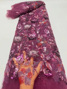 Вышитая бисером Сетчатая Кружевная ткань 2023 года, Высококачественная Золотая Дубайская Свадебная Роскошь, Хрустальные бусины ручной работы Для свадебных платьев, Французский Тюль с блестками, Красный