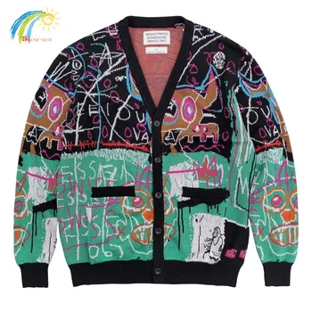 Вязаный кардиган с V-образным вырезом, мужской женский жаккард в стиле хип-хоп с граффити, цветовое соответствие, свитер WACKO MARIA, пальто с биркой