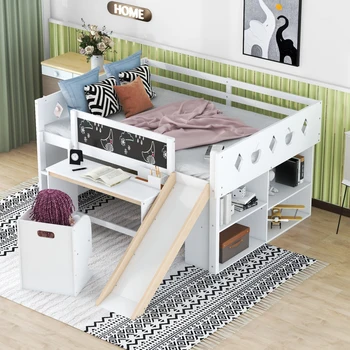 Деревянная полноразмерная кровать-чердак, детская кровать с Горкой, 4 Шкафа, Классная доска, Письменный стол и Стул, забавная кровать-чердак, Подходящая для детской спальни