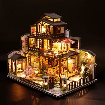 Деревянные кукольные домики своими руками, японские миниатюрные строительные наборы Casa с мебелью, светодиодный Большой кукольный домик для взрослых, подарки на День рождения