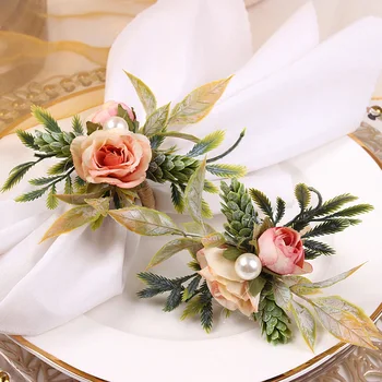 Держатель для салфеток с искусственным цветком, Кольца для салфеток, украшение свадебного стола, пряжка для салфеток с жемчужным цветком, декор для Рождественской вечеринки