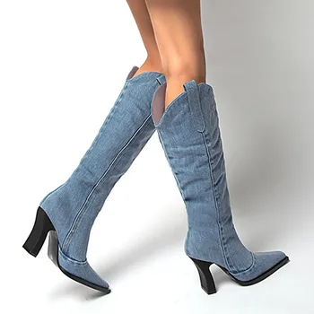 Джинсовые сапоги до колена, женские ботинки на высоком массивном каблуке с квадратным носком, мода 2023 года, Новые женские туфли без застежки, Винтажные элегантные длинные пинетки