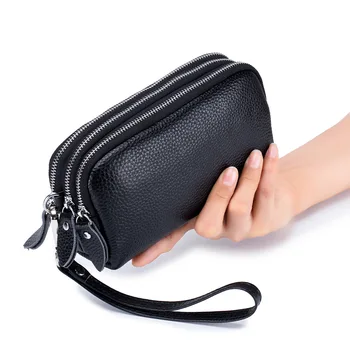 Длинный женский кошелек из натуральной кожи, 3 слоя, сумка-браслет на молнии, женский клатч большой емкости, кошелек для монет, сумка для мобильного телефона, черный