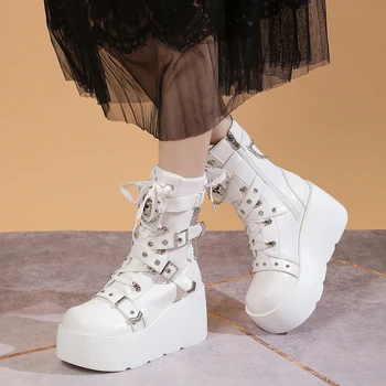 Женская обувь 2023 Новые готические милые уличные женские ботинки на платформе, танкетке, высоком каблуке, с пряжкой, женские пинетки в стиле панк, косплей в стиле Лолиты