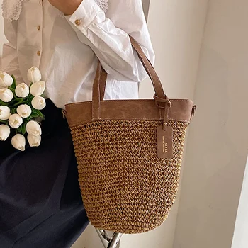 Женская соломенная сумка-тоут на молнии 2023, летняя новинка в дорожных пляжных сумках ручной работы, женская сумка-ведро через плечо с короткой ручкой