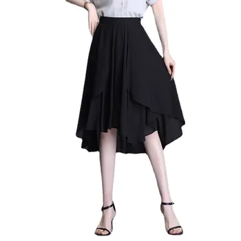Женская черная шифоновая юбка большого размера с высокой талией для похудения, нерегулярная юбка средней длины для лета