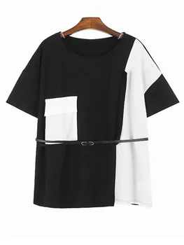 Женская черно-белая футболка большого размера с цветным блоком, новинка, круглый вырез, короткий рукав, мода Tide, Весна-лето, O154