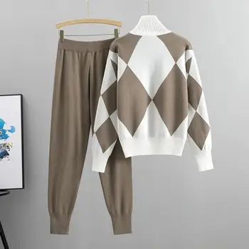 Женские брюки с эластичной резинкой на талии, комплект из свитера и брюк с геометрическим принтом, уютный трикотаж с высоким воротником для повседневного женского гардероба Зима Осень