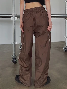 Женские весенне-летние винтажные повседневные мешковатые коричневые эластичные спортивные брюки контрастной линии с высокой талией и широкими штанинами ITFABS