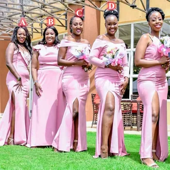 Женские длинные платья подружек невесты больших размеров, розовое платье-футляр с открытыми плечами, розовое платье для гостей на свадьбу