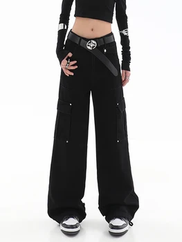 Женские мешковатые Черные джинсы-карго в готическом стиле, уличная одежда 90-х, модные Винтажные Джинсовые брюки Y2k, Корейские Ковбойские брюки с высокой талией и широкими штанинами.