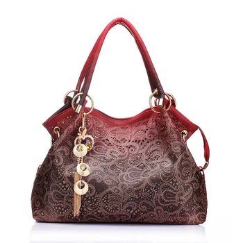 Женские сумки с верхней ручкой, открытая кожаная сумка цвета омбре с цветочным принтом на плече, женская ретро-сумка с кисточкой